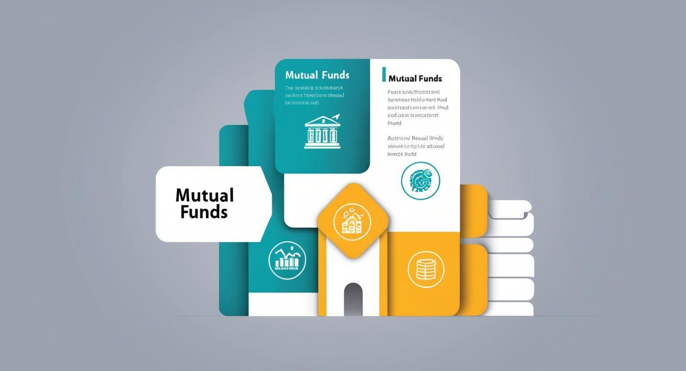 Modern flat design infographic about Mutual Funds, featuring stylized cards with icons representing banking, charts, savings, and returns. Includes blocks of text about mutual fund investment, but the text is mostly unreadable or appears as placeholder gibberish