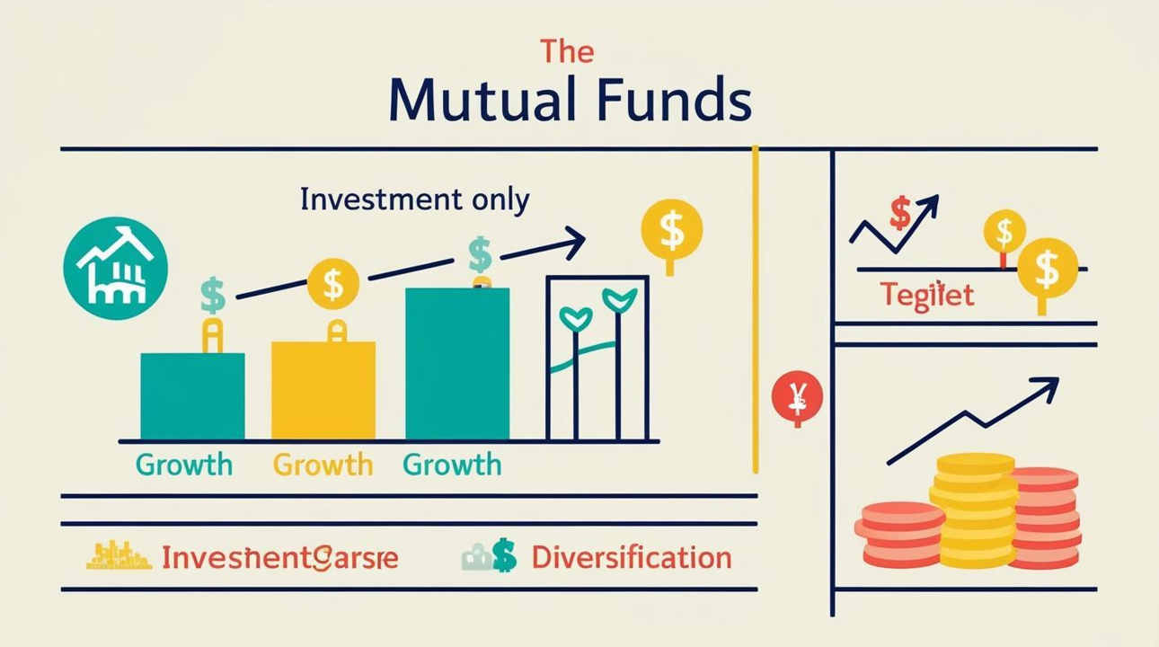 Illustrative infographic titled 'The Mutual Funds' showing bar charts labeled 'Growth,' upward investment trends, icons representing diversification, coins, and market graphs. Contains some spelling errors like 'InvesnentGarse' instead of 'Investment Course' and 'Tegiiet' instead of 'Target