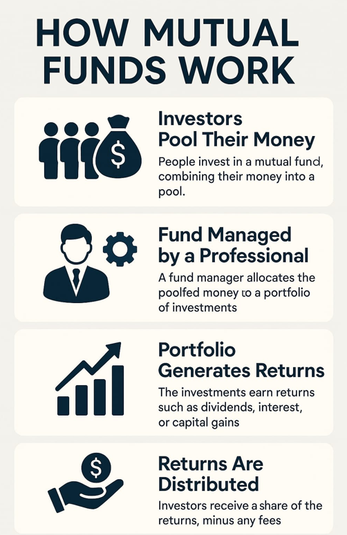 Infographic explaining how mutual funds work in four steps: investors pool their money, a fund manager invests in securities, returns are generated, and investors receive profits after fees.
                        